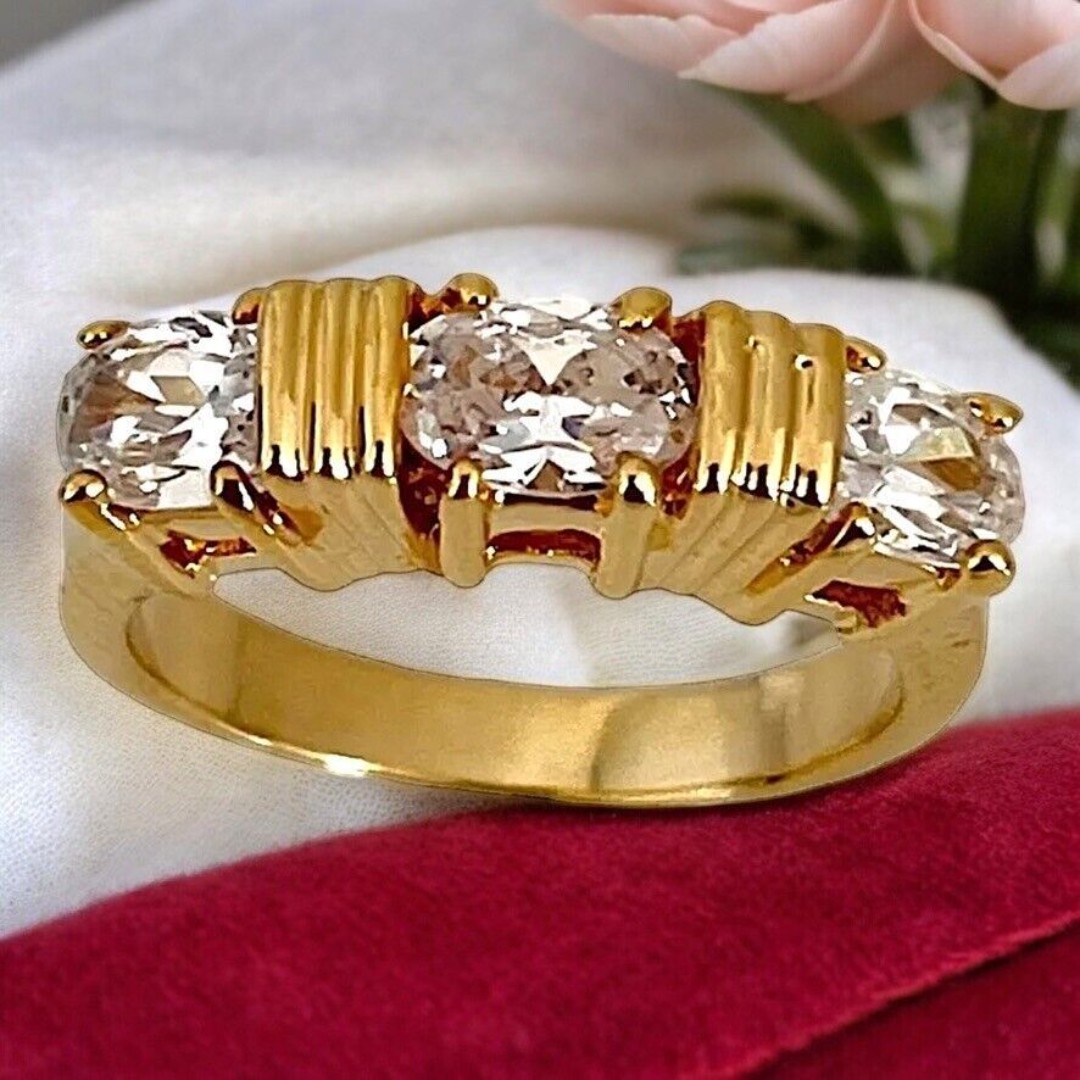 New Vintage Ring Size 5 14K Gold Plate Three Stone Cubic Zirconia MCM 14S