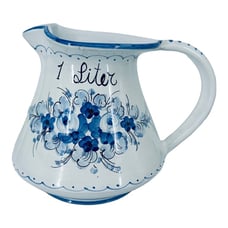 Vtg Kirsch Keramik Floral Ceramic White & Blue 1 Liter Pitcher Germany #9410-A