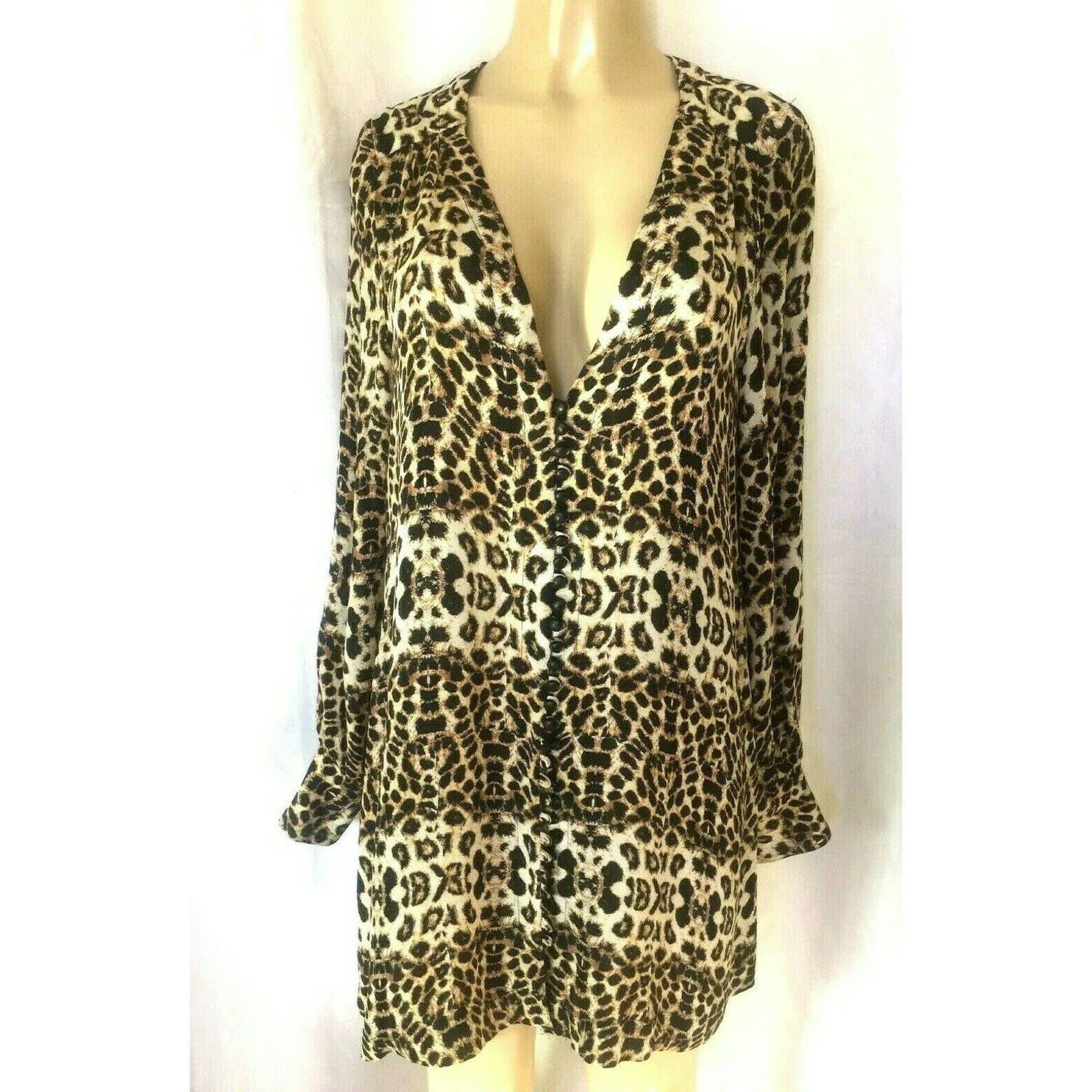 A.L.C. Animal Leopard Print Silk Shirt Long Sleeve Tunic Top Blouse Snake Button
