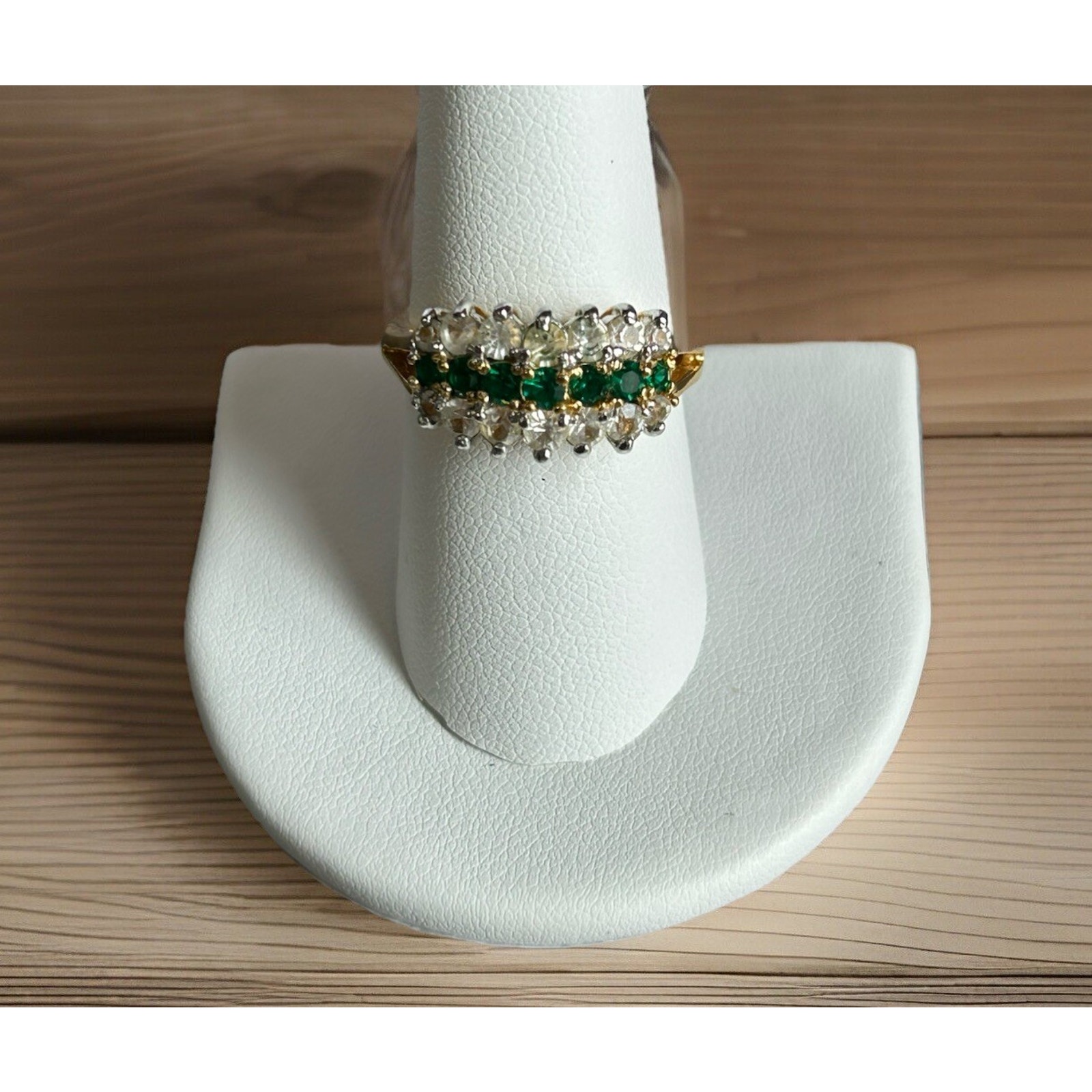 Beautiful Gold Tone Dinner Rings Adorned With Clear & Green Crystals. Size 9