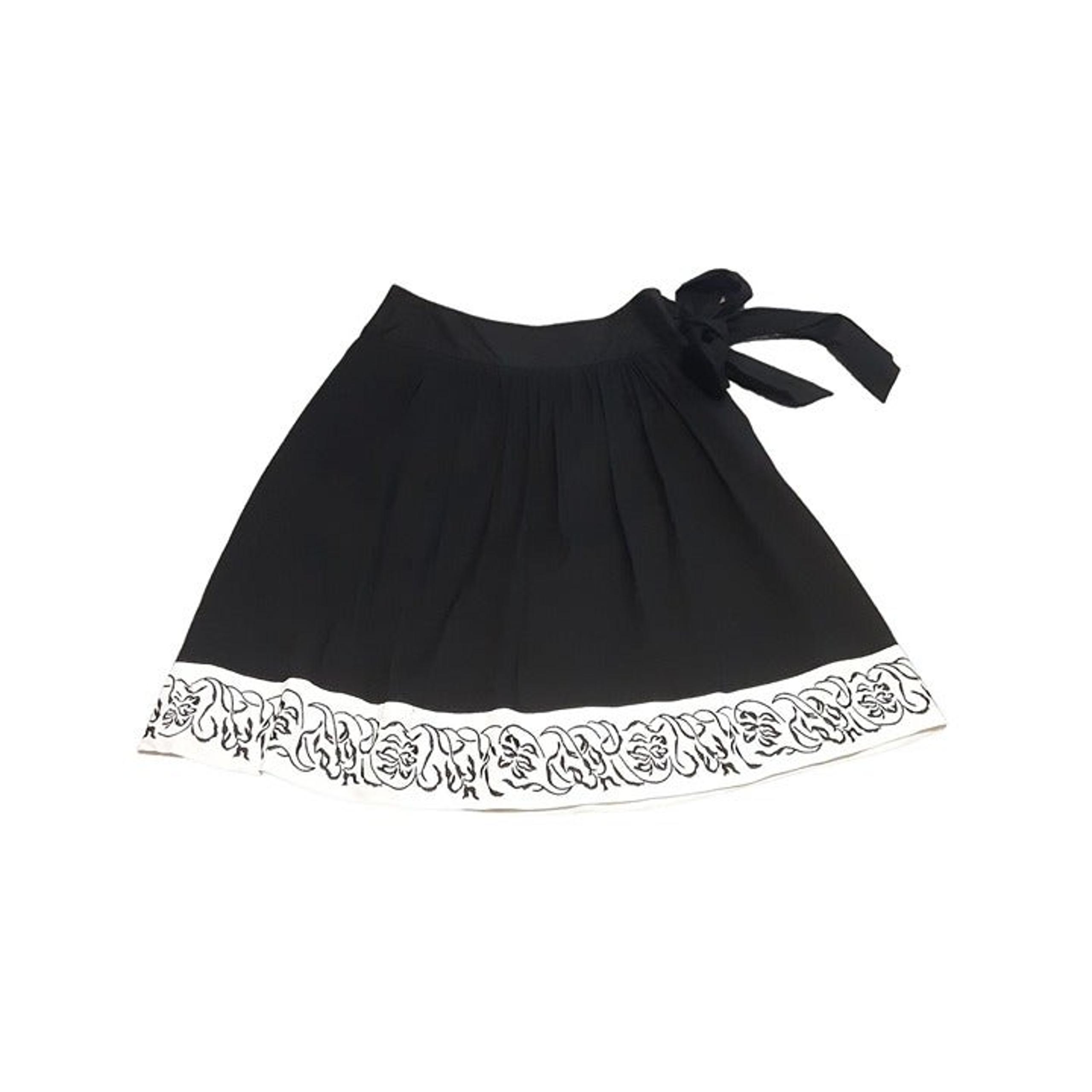 Bob Mackie Pleated A-Line Belted Skirt Women Size 6 Embroidered Hem Black White