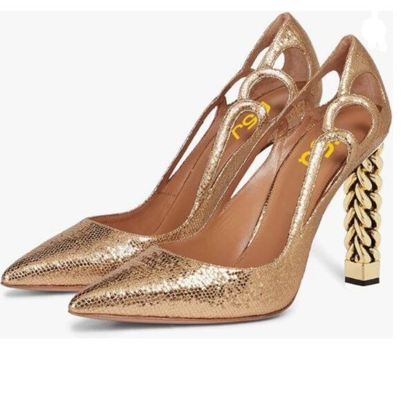 FSJ Gold Sequins Gold Metal Chain Chunky High Heel Pointed Toe Fashion Pumps