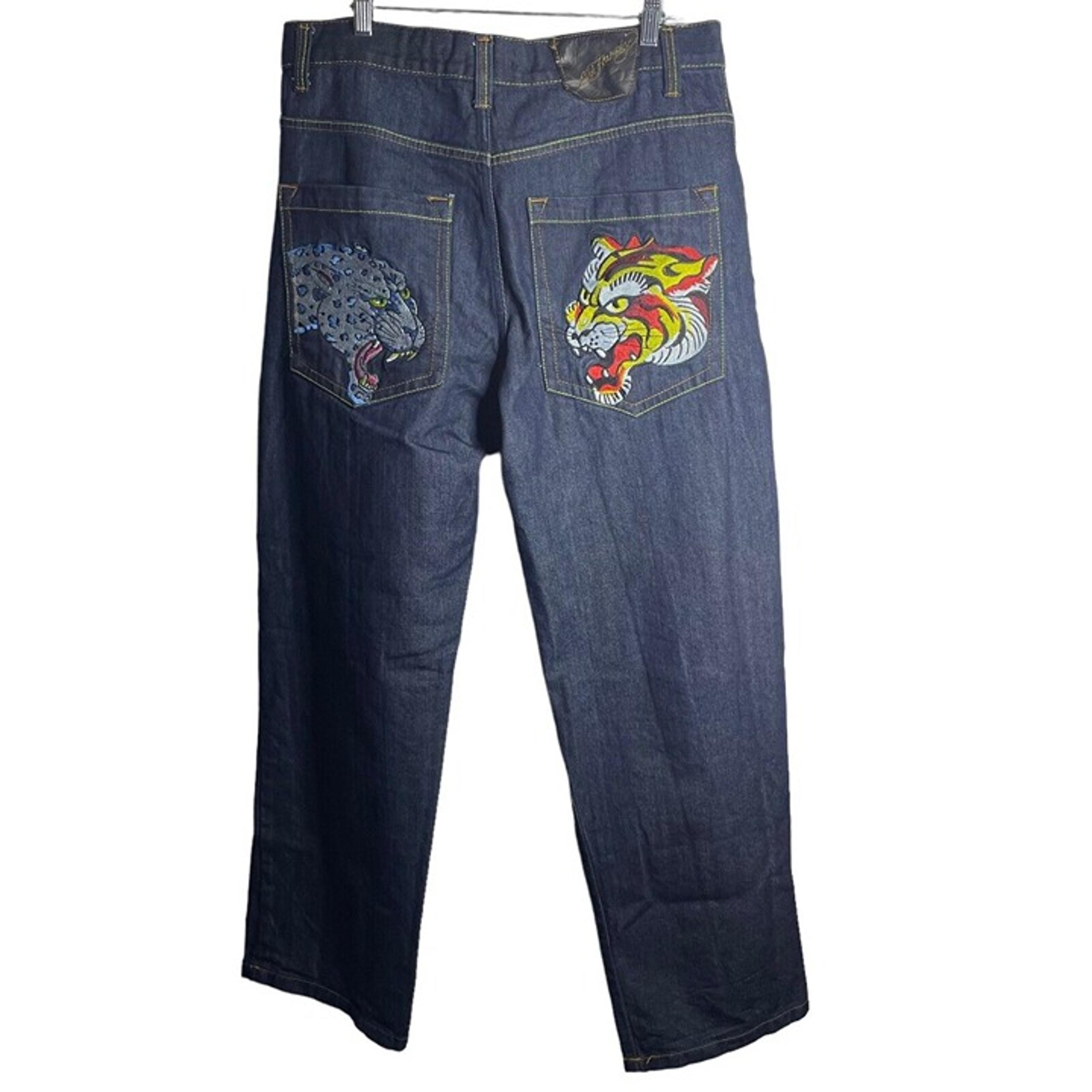 Ed Hardy Embroidered Jeans Mens 36x32 Baggy Dark Blue Denim Y2K Tiger Jaguar