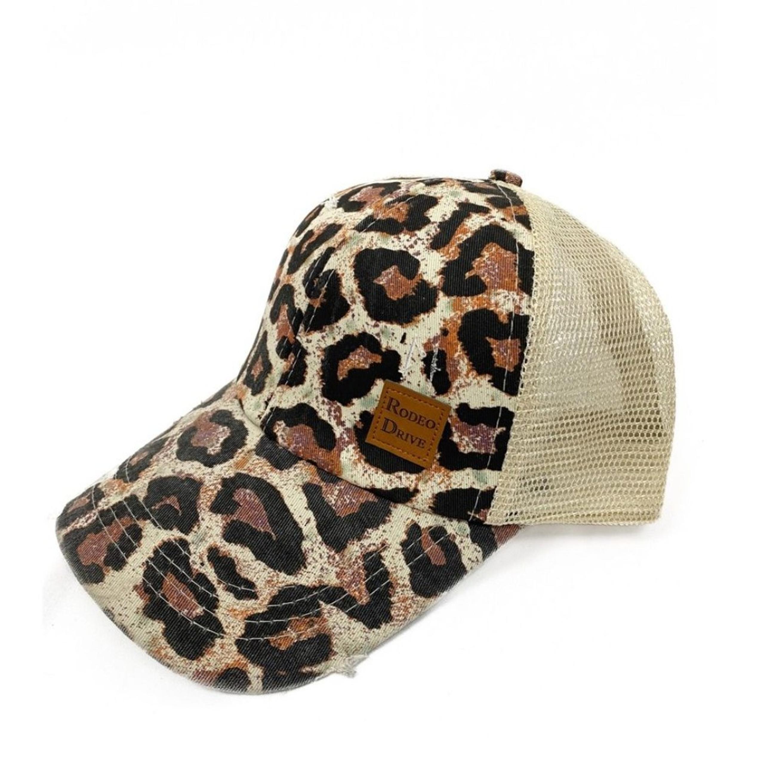Rodeo Drive Leopard Print Ponytail Criss Cross Trucker Hat, Brown