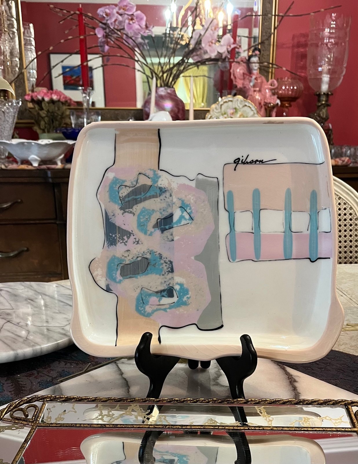 Rare: 1980's Gibson Modernist Art Pottery Hand Painted Serving Dish, Signed