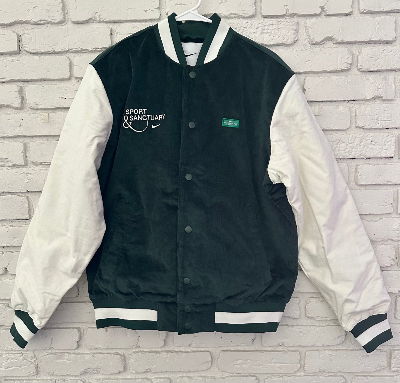 Nike Sport & Sanctuary Club Green/White Corduroy Bomber Jacket FB9972-397 Sz M