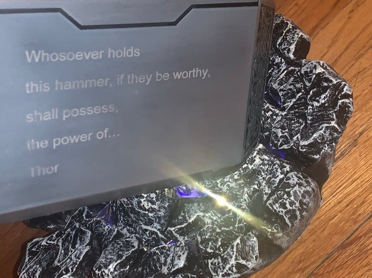 Replica Thor's Hammer with inscription and light up base. Are you worthy?