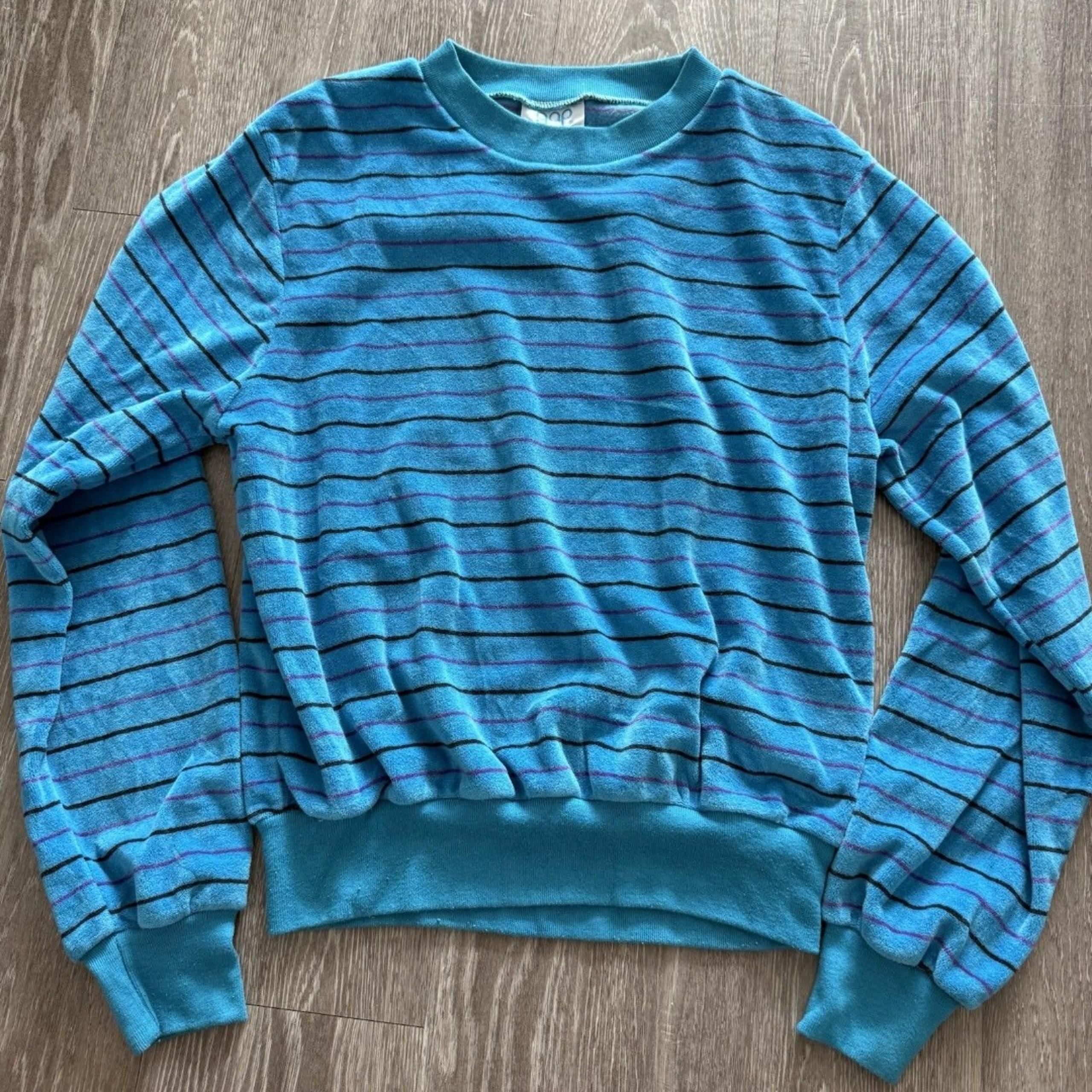 Vintage GAP 80s Knit Retro Sweater Striped Blue ~ Sz L Youth Or Women’s XS/S