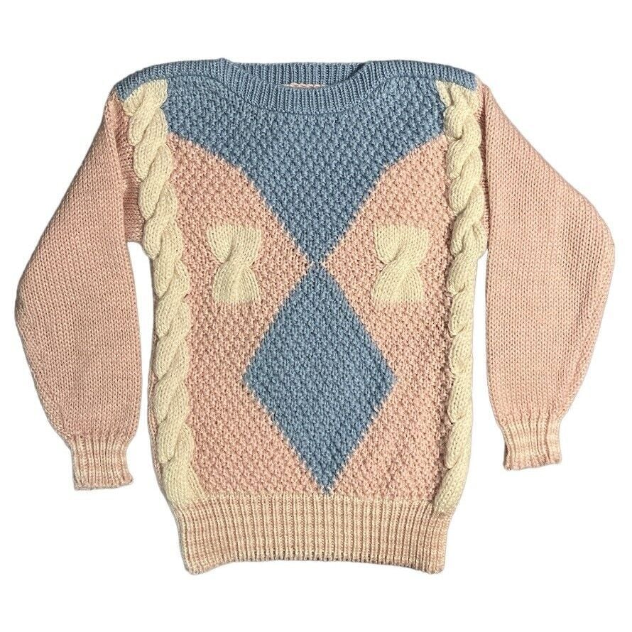Vintage 80s Far & Near Sweater Pink Blue White Valley Girl Size Medium