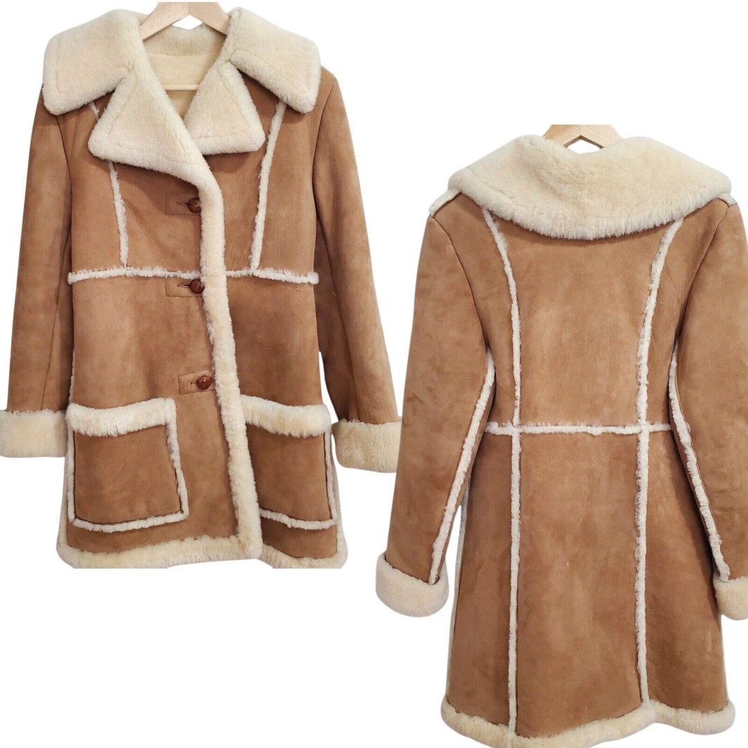 Vtg Bermans Womens Sz S Rancher Shearling Sheepskin Suede Leather Coat Jacket