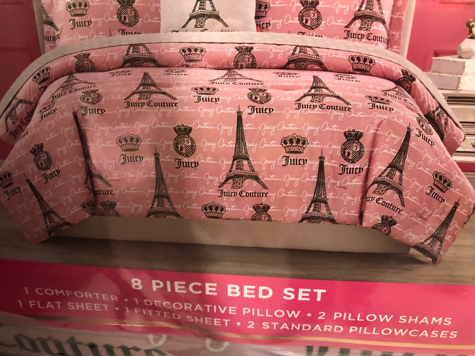 QUEEN PINK & BLACK Juicy Coture Paris themed comforter buy set