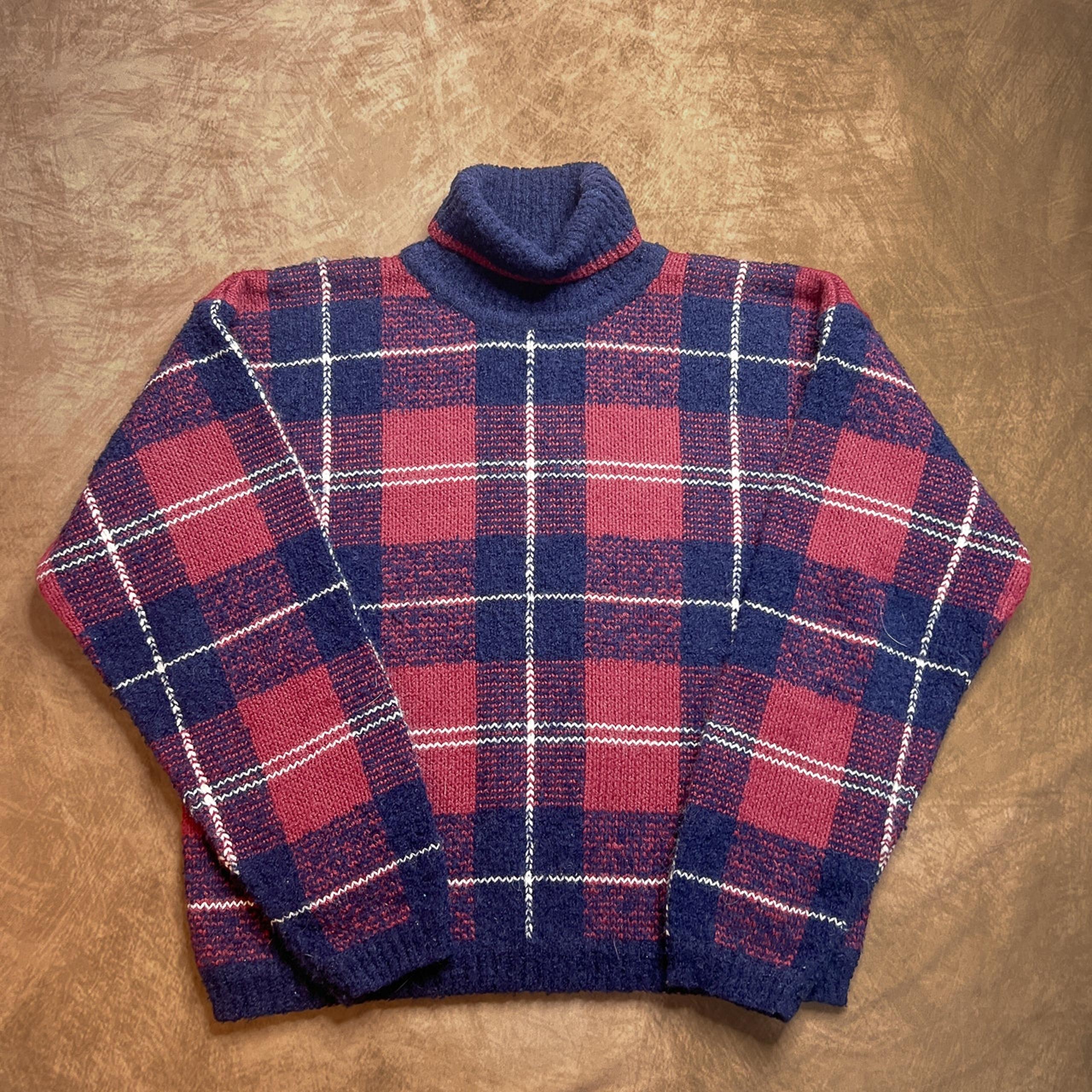 Christopher & Banks Vintage Plaid Turtleneck Sweater Burgundy Navy Knit Preppy