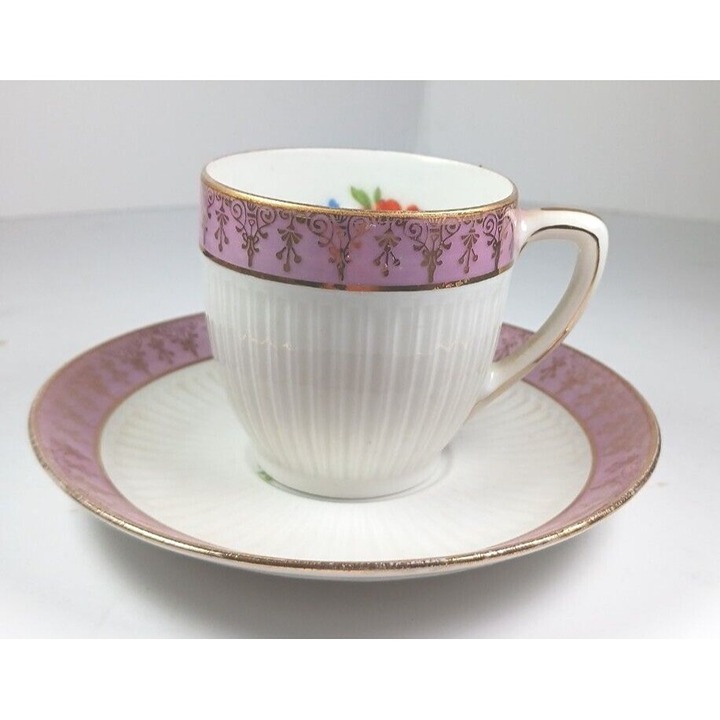 Limoge Of France Demitasse Cup & Saucer Teacup China Floral Motif Gold Tone Rims