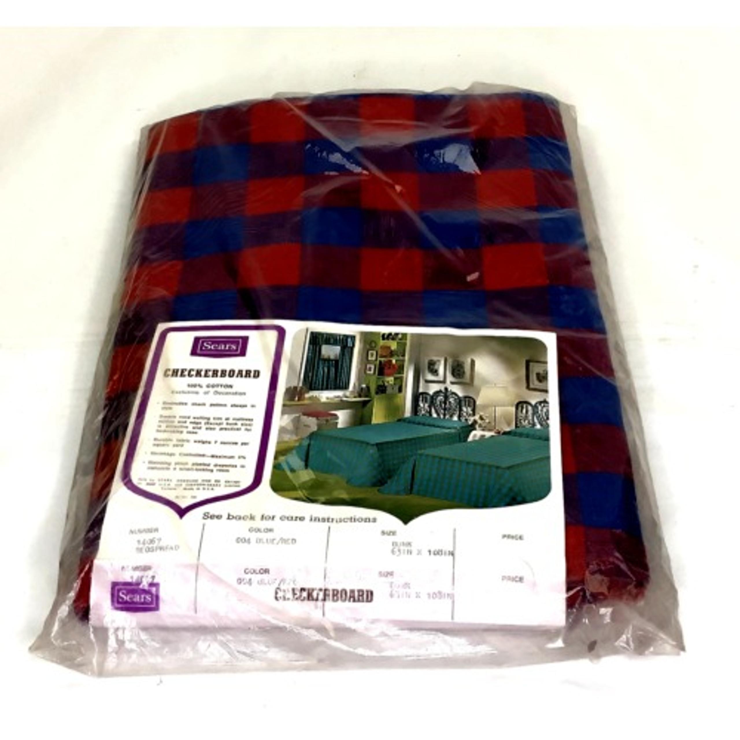 Sears Checkerboard Bedspread Blanket 14067 Blue Red Vintage 80's New 63" x 108"