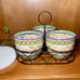 Temptations Old World Blue 3 Bowl Bake Serve Set W/ Wire Caddy & Plastic Covers