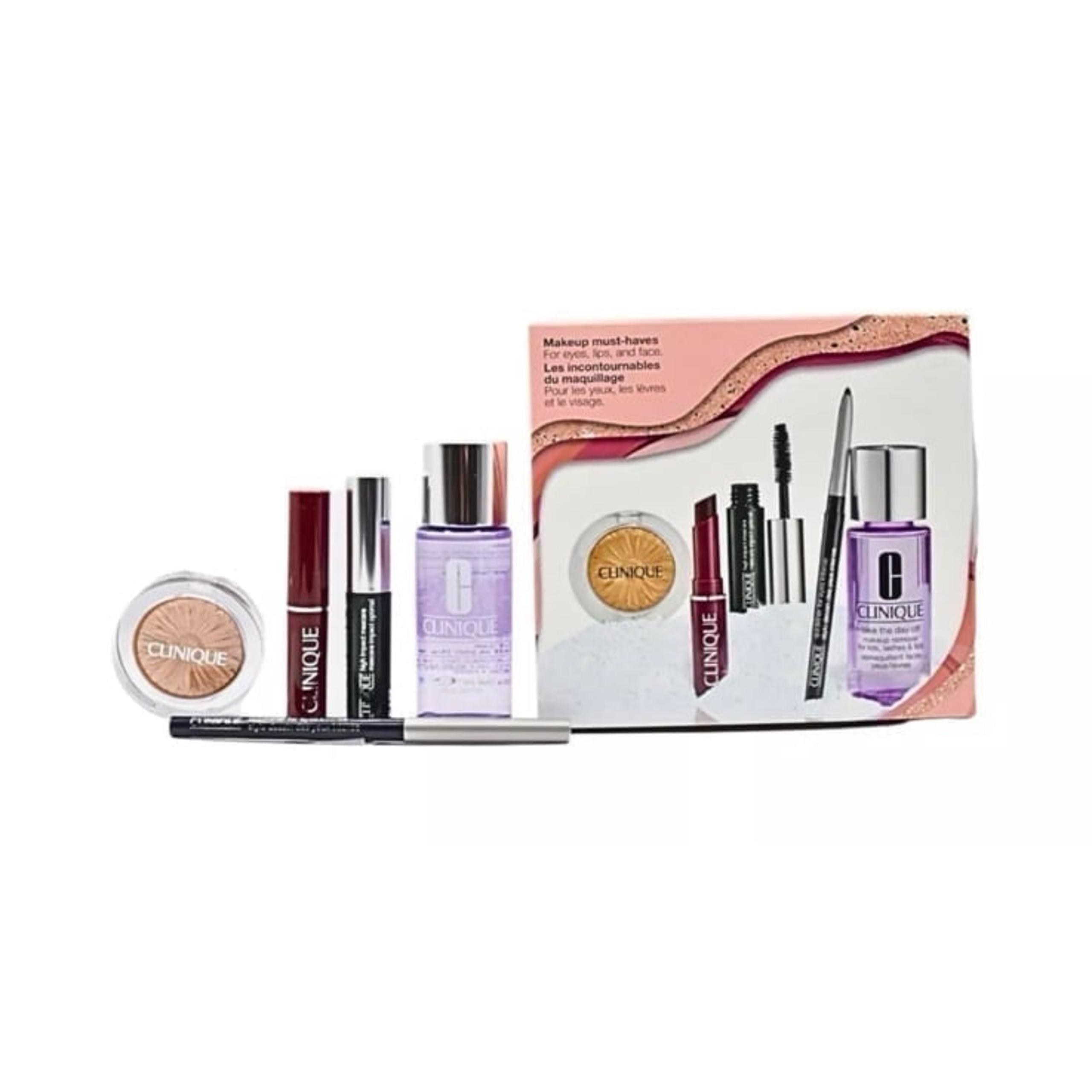 NIB 5 Pcs Clinique Set Gold Highlighter,Mascara,Black honey lipstick, Eyeliner