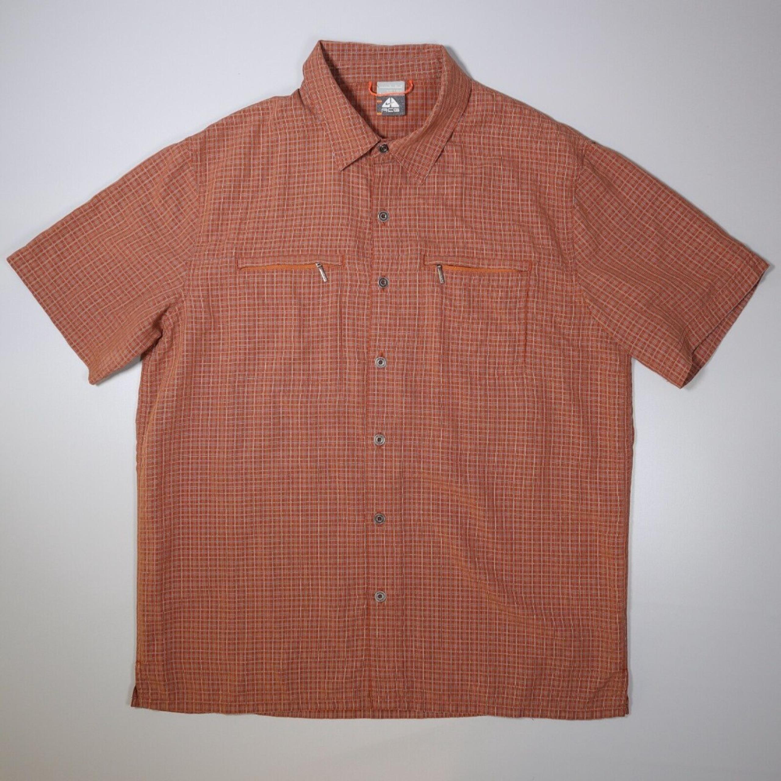 Nike ACG Mens Large L Short Sleeve Shirt Orange Copper Plaid Vented Pockets