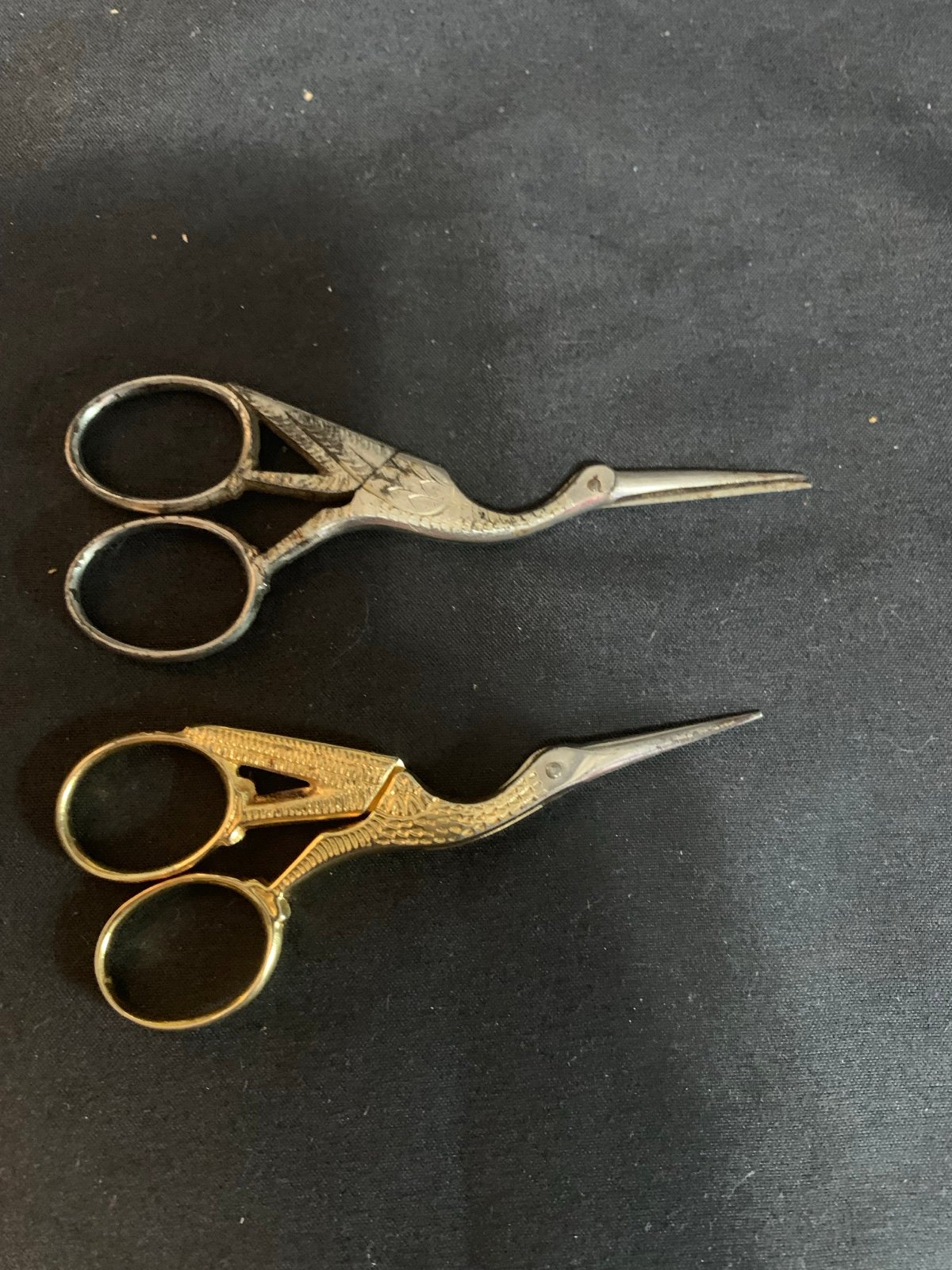 2 Vintage Crane Stork Sewing Embroidery Gold Tone Scissors Marked Italy/Germany