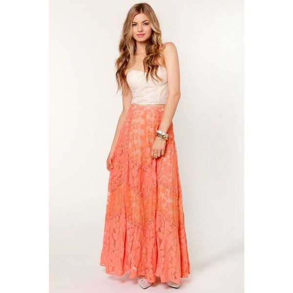 New Champagne & Strawberry Honeysuckle Peach Lace Maxi Skirt Size OP
