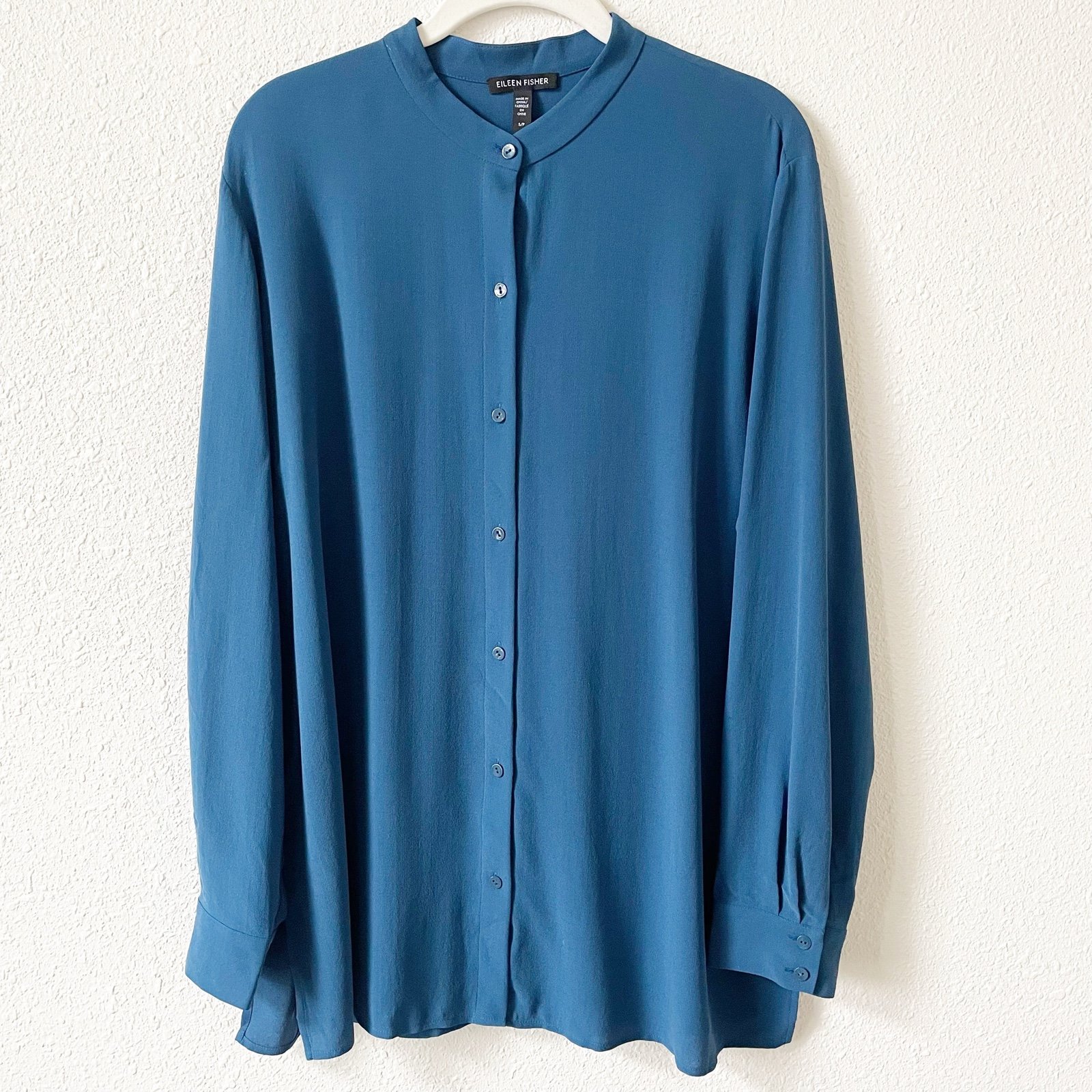 Eileen Fisher 100% Silk Mandarin Collar Tunic Blue Size Small Luxury Minimalist
