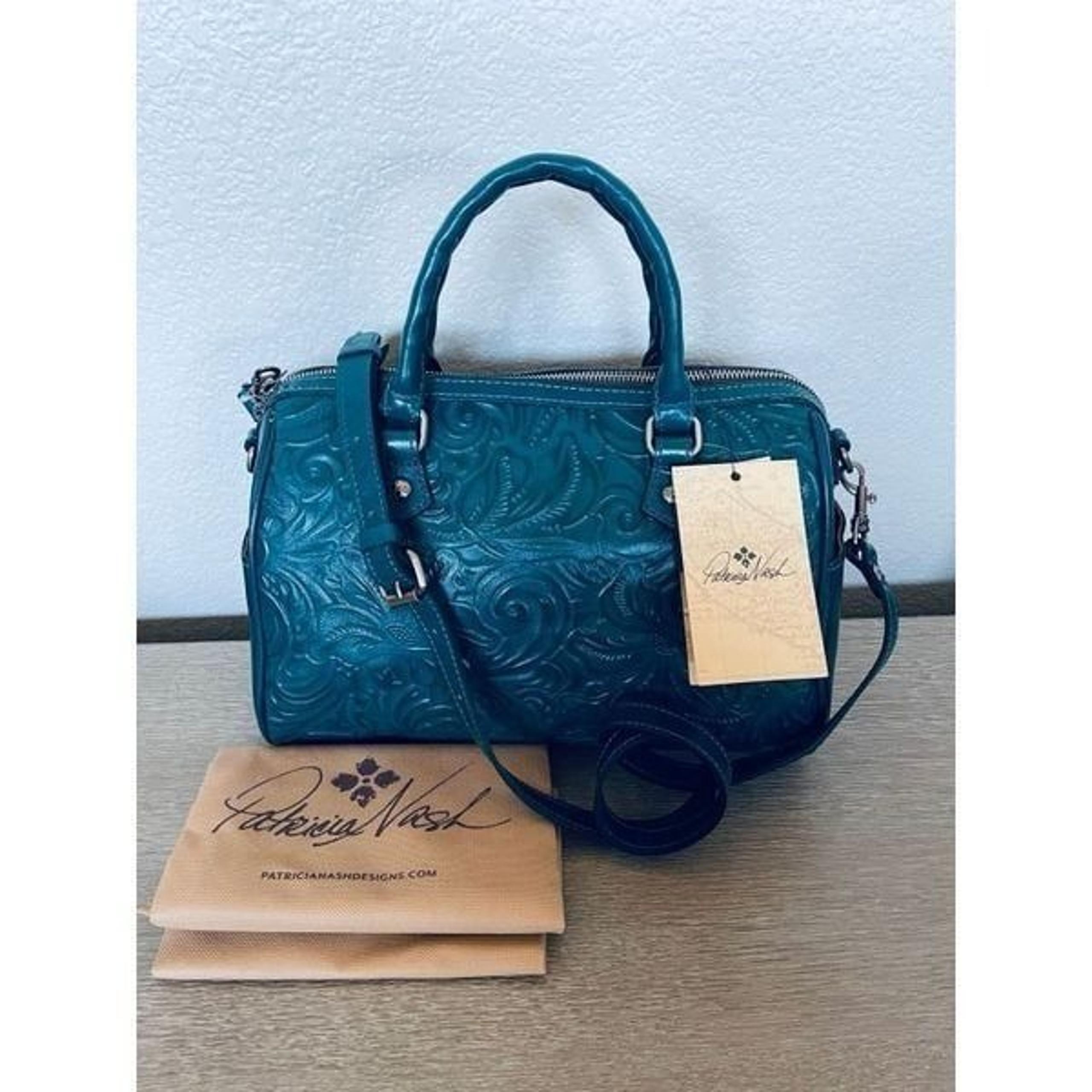 Patricia Nash Skye Satchel Teal Blue Coral Tooled Leather Handbag Purse