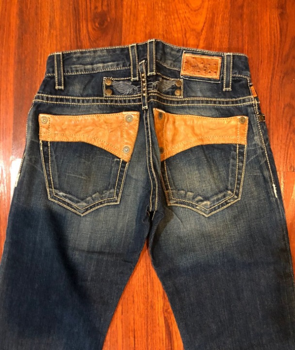 NEW AUTHENTIC ROBIN'S JEANS BROWN INSERT BLUE SZ 28