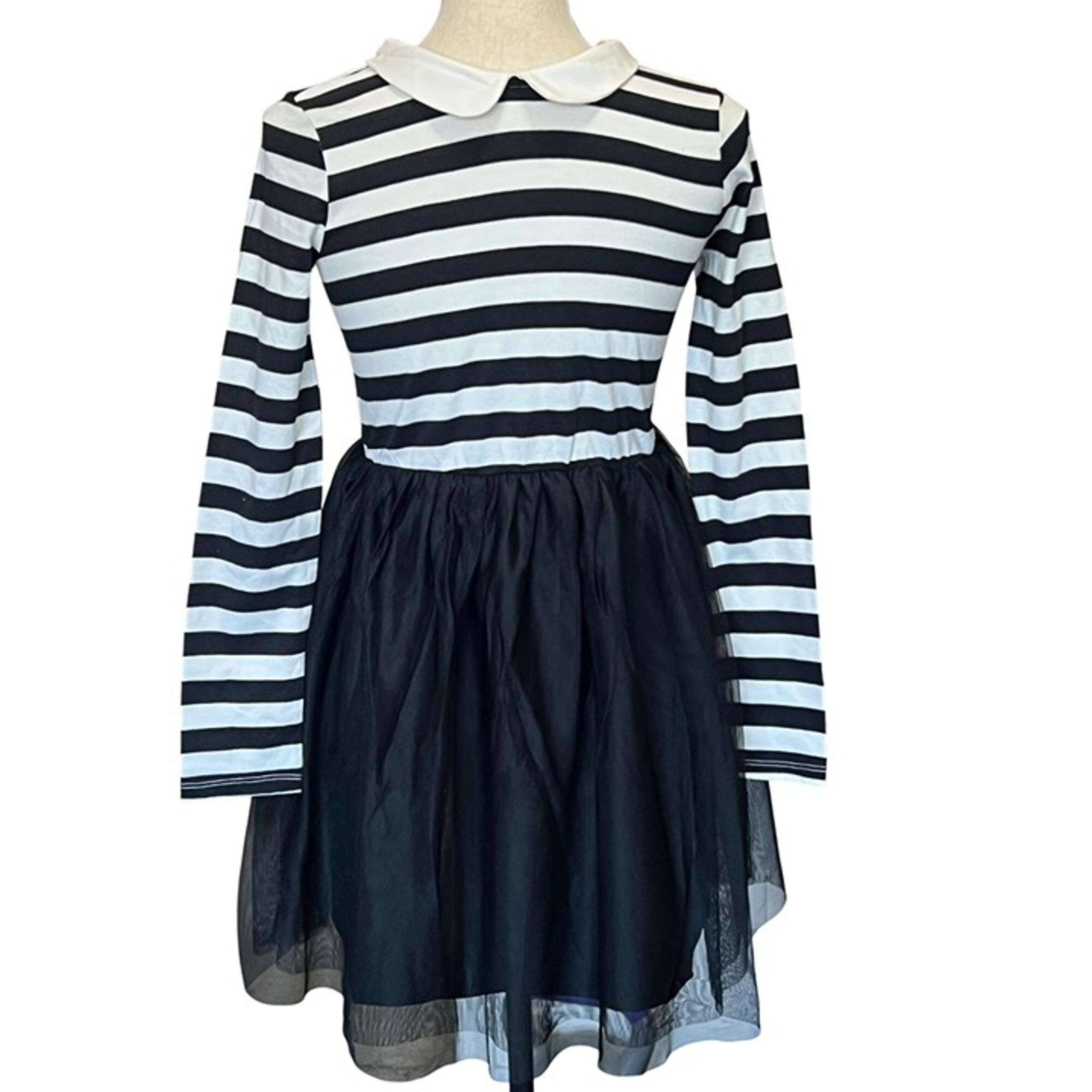 Cat & Jack Black/White Striped Long-Sleeve Dress W/ Tulle Overlay Girls XL (14)