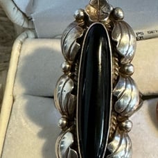 Ring Onyx Sterling, Applyed Feather, Raindrop, Flower, Size 10