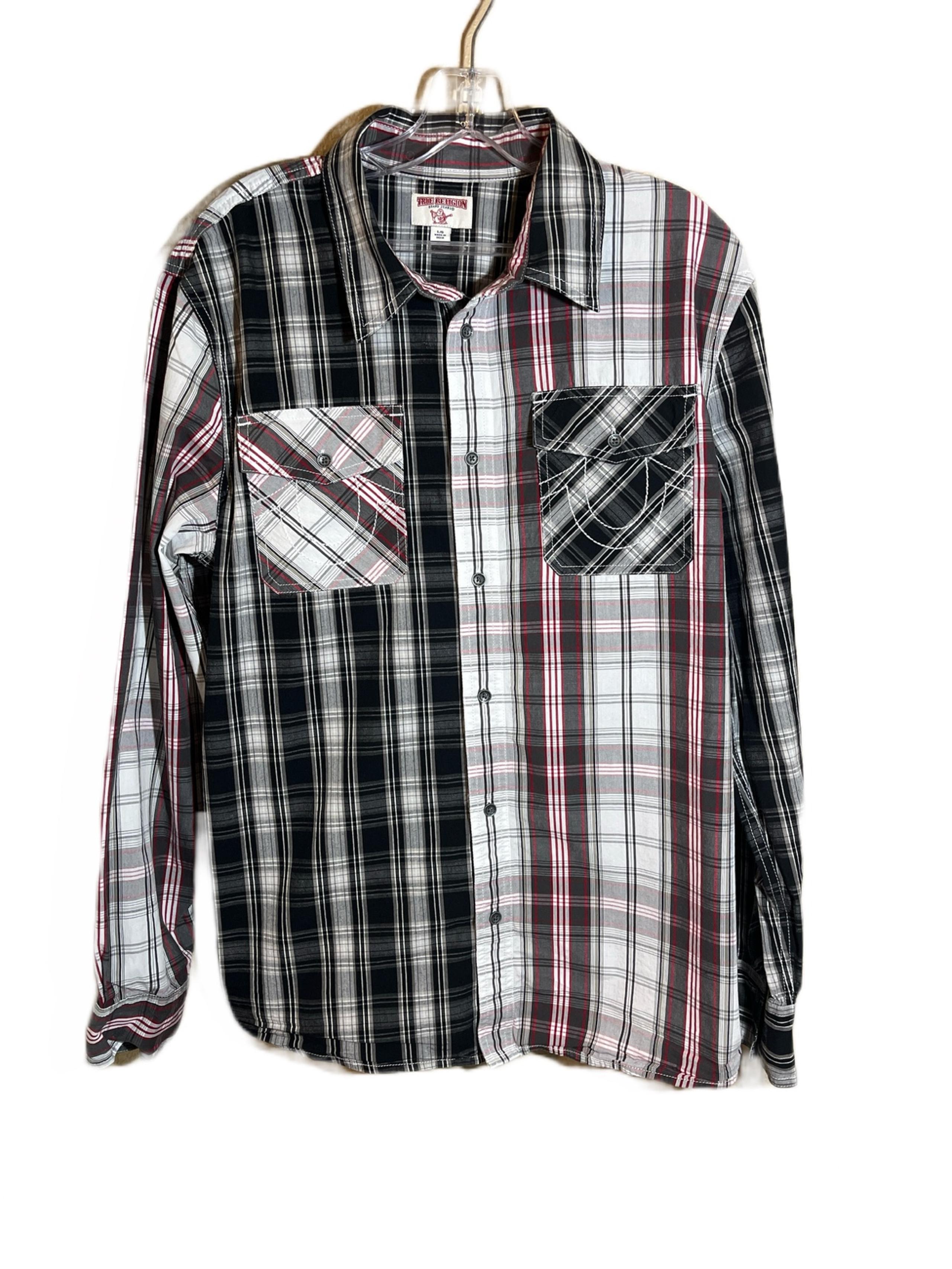 True Religion Embroidered Grey Plaid Button Shirt Men's Size Large (L)