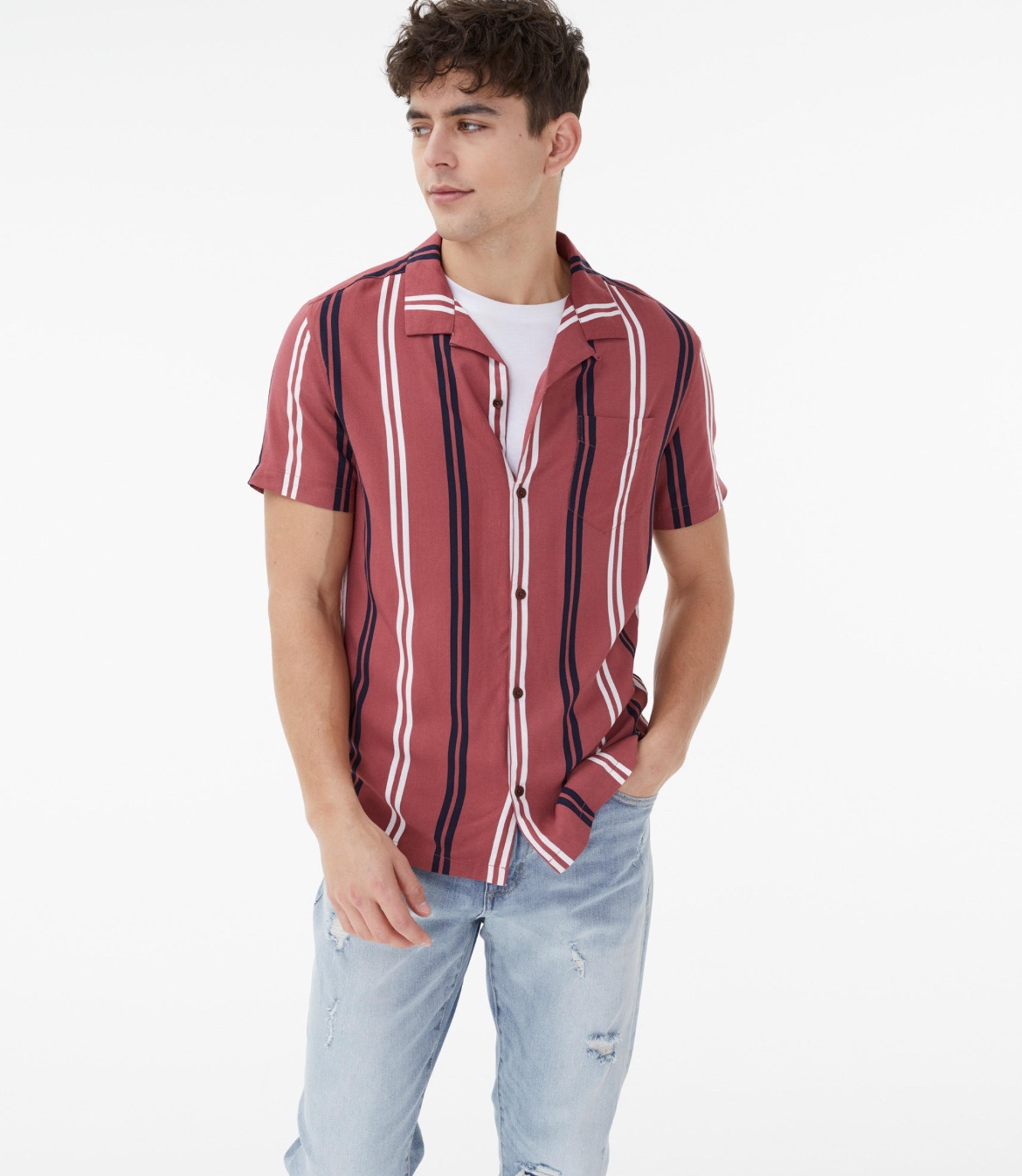 Aeropostale Vertical Stripe Button-Down Resort Shirt Mens Size XL Maroon