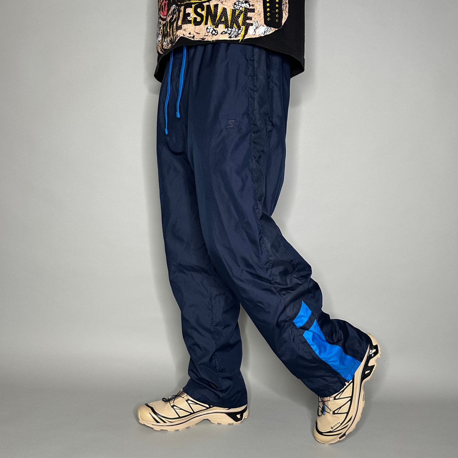 Vintage Starter Track Pants Navy Blue Polyester Sweatpants Baggy Wide Leg Y2K