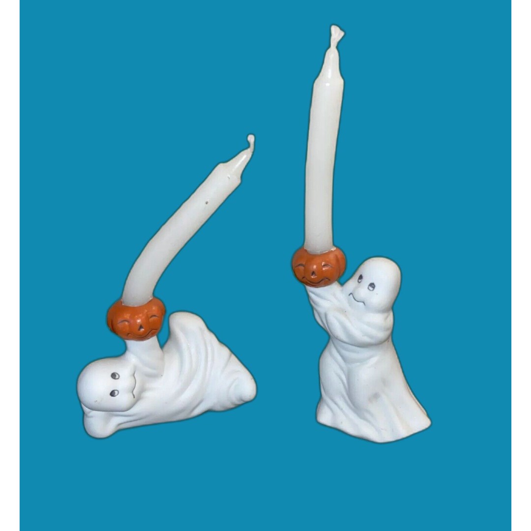 Halloween Ceramic 2 Smiling Ghost Pumpkin Vintage Candlestick Holders