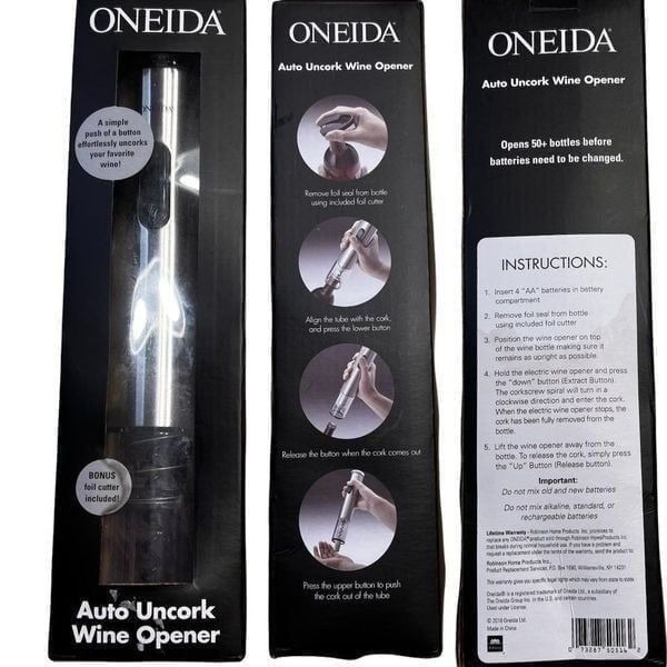 Oneida auto uncork wine opener with foil cutter. Electric Tested