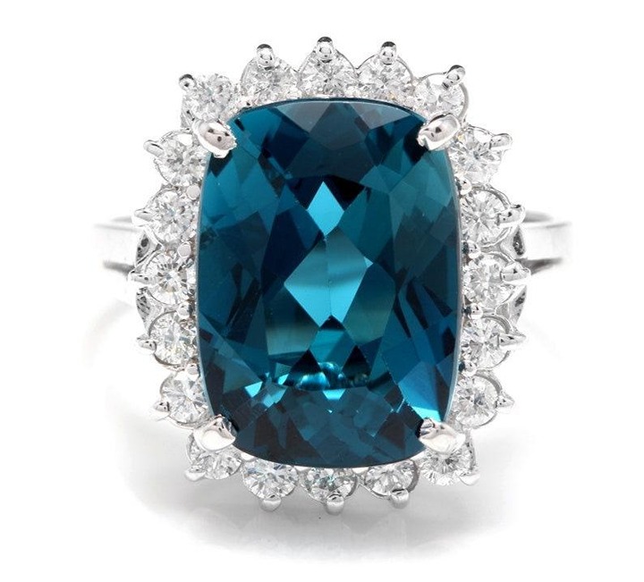 9.95Ct Natural Long Cushion London Blue Topaz & Diamond Halo Solitaire Ring