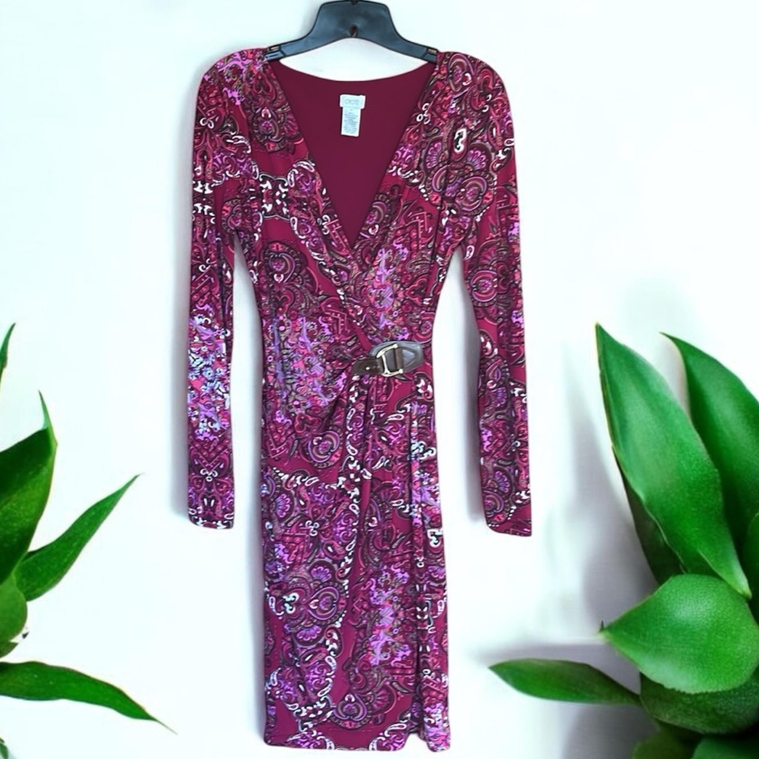 Cache’ Moc Wrap Dress V-neck Long Sleeve paisley print M Pink Career Cocktail
