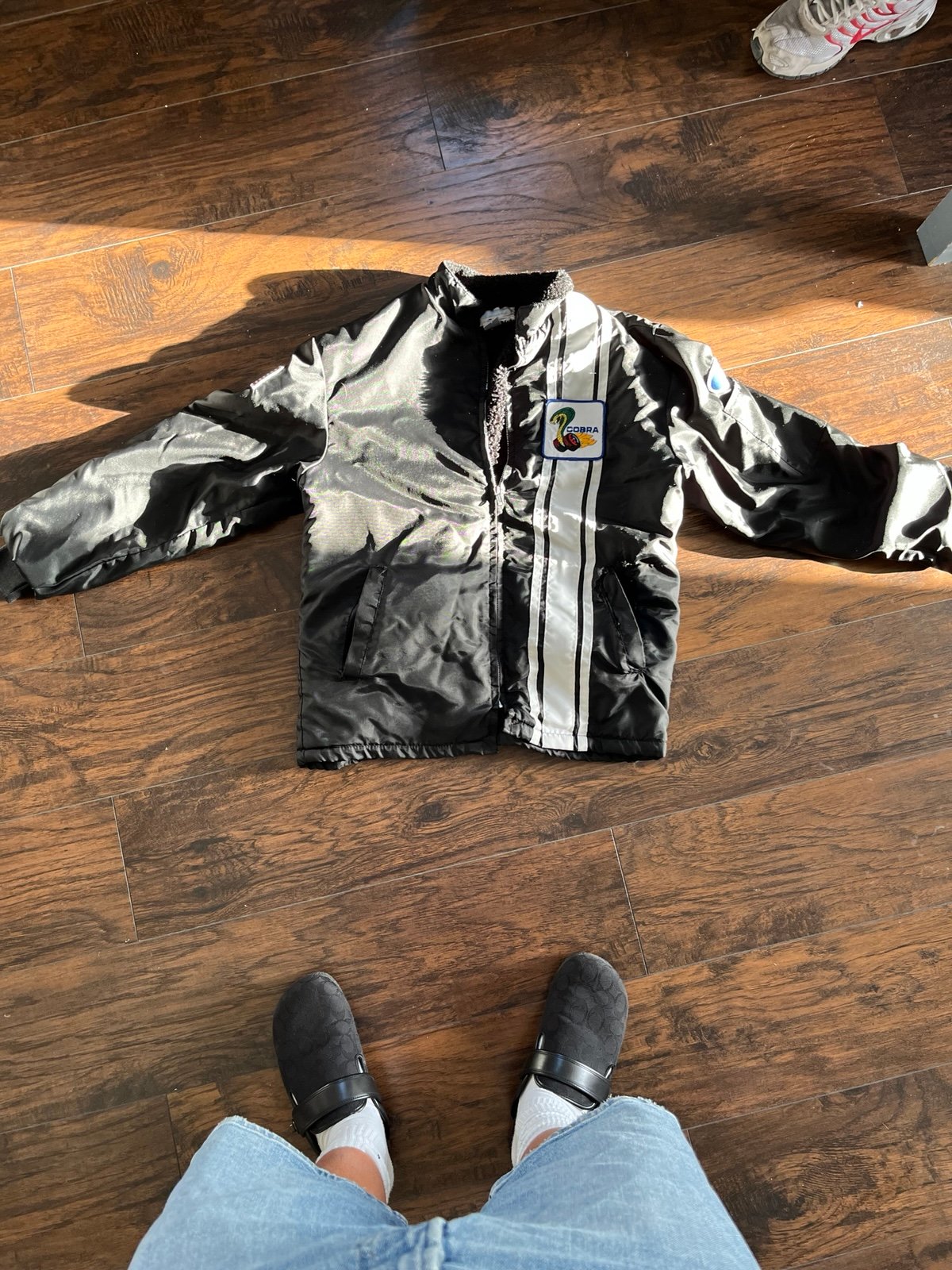 Vintage 80's Black Ford Mustang Cobra Shelby Lined Fur Racing Jacket MADE IN Med