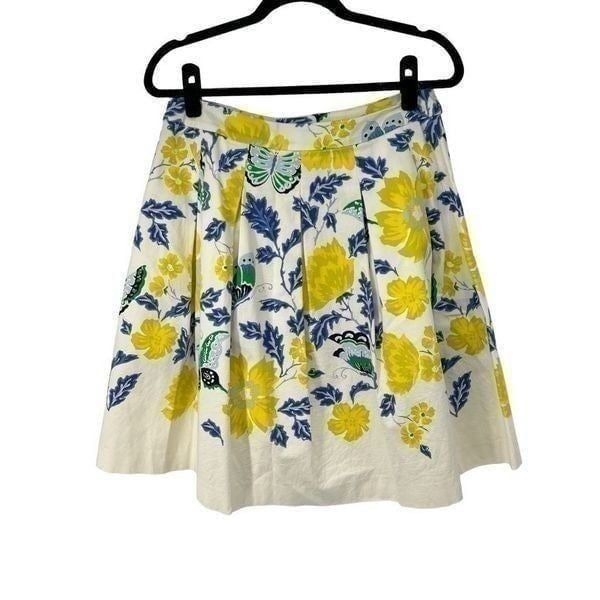 Talbots RSVP Blue Yellow Floral Butterfly Pleated Lined Skirt