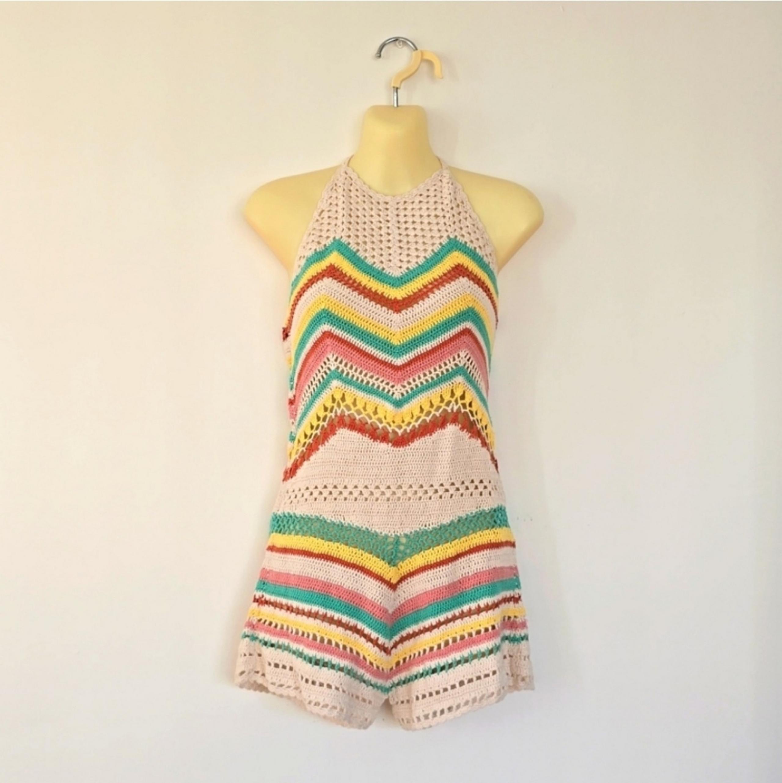 Forever 21 Knit Crochet Colorful Striped Romper Cover up 100% Cotton Size S