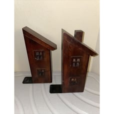 Bookends The Bombay Co House Shape 1992 Wood Windows Metal Bottom 9.5 Tall