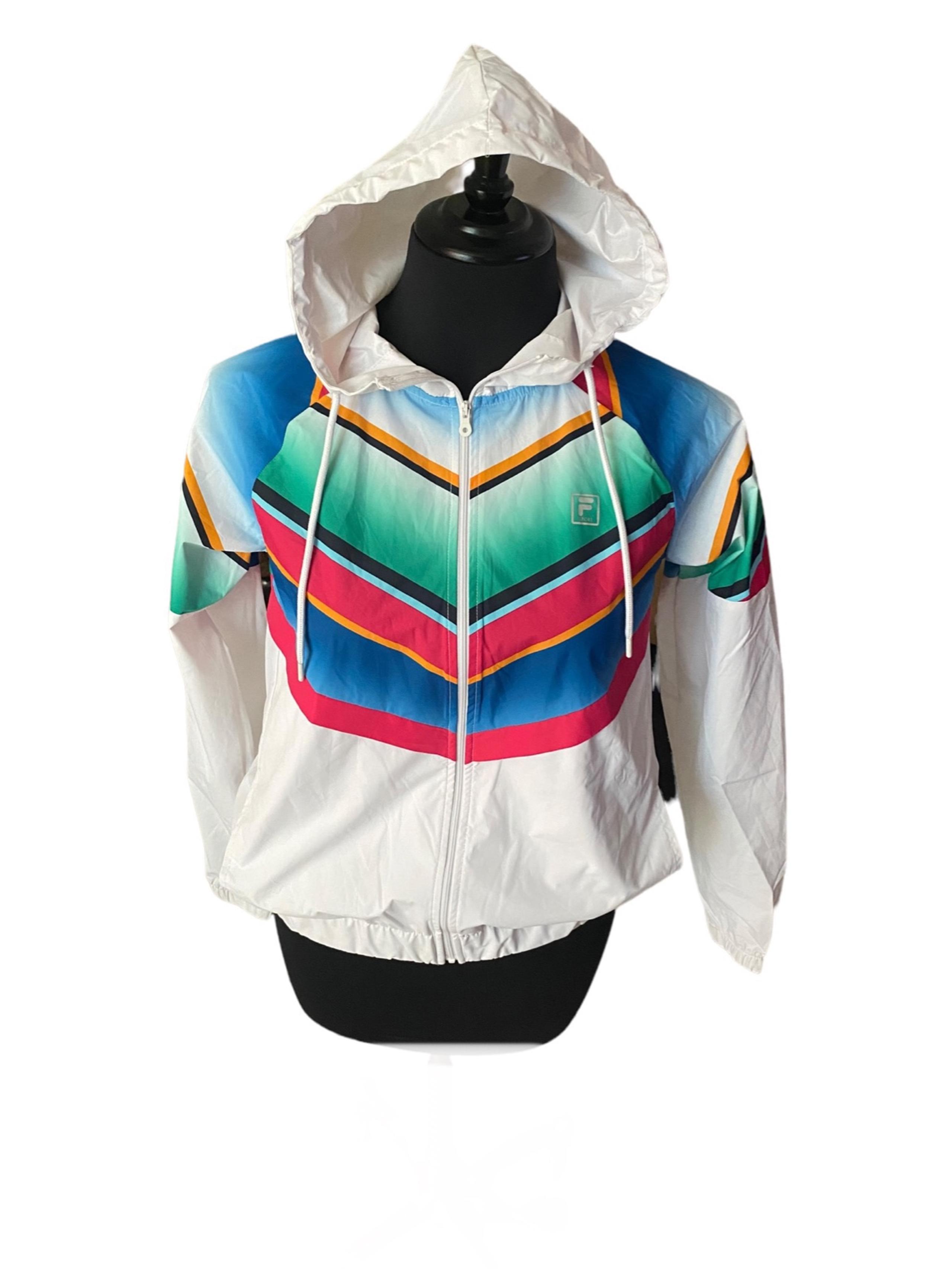 Fila Sport Womens Hooded Windbreaker White with Stripes XS