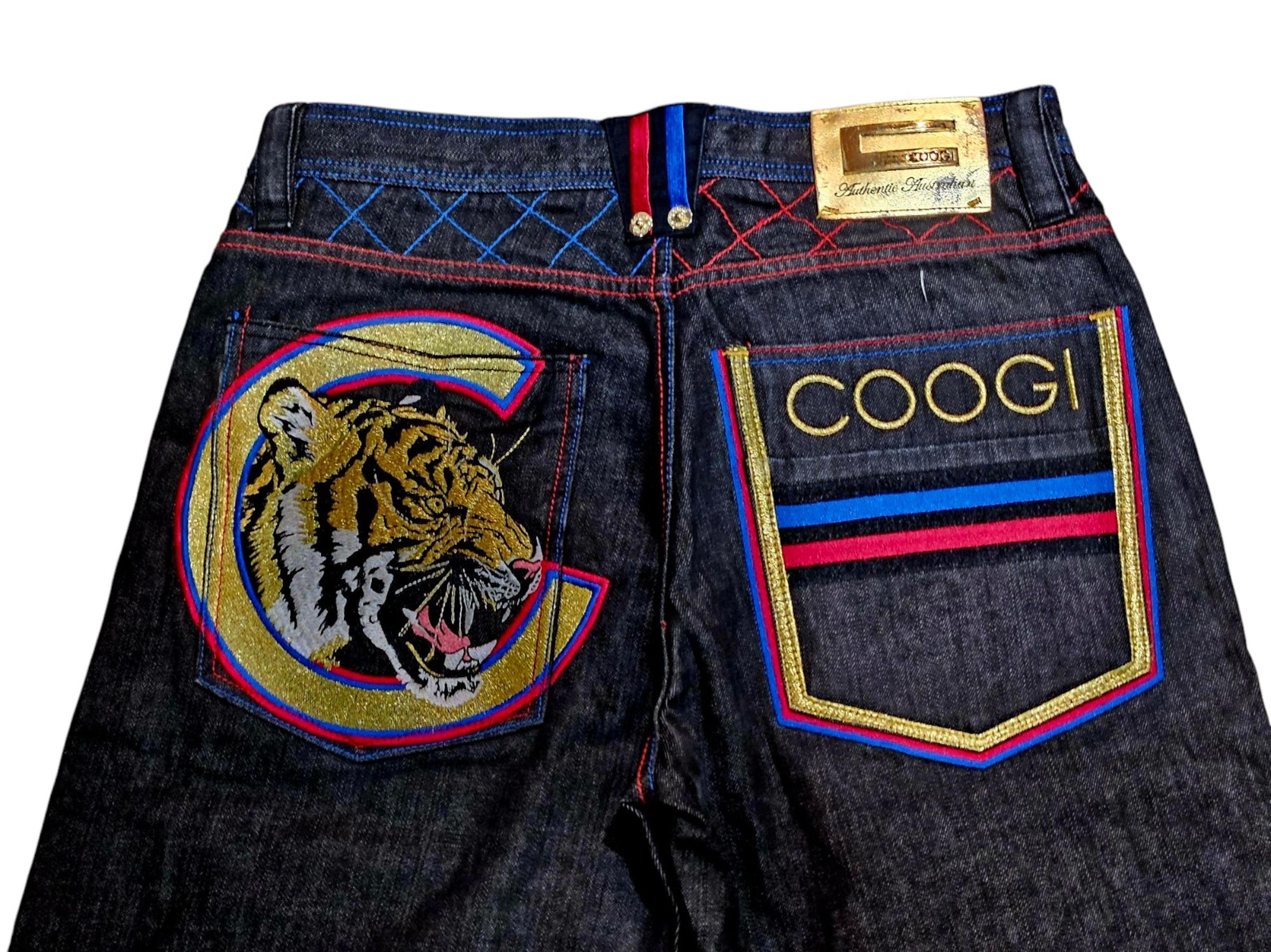 Vtg Y2K COOGI Baggy Black Denim Jeans Tiger Graphics | Mens Sz W34 X L34