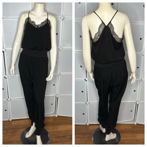 Vici Kaylie Tencel Pocketed Lace Cami Jumpsuit Black Size Medium