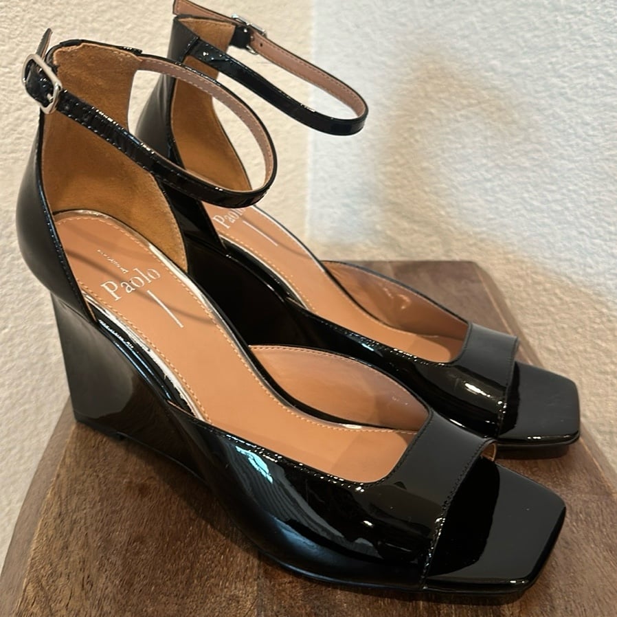 LINEA Paolo GABRIEL Architectural Wedge Black patent Sandals Size 9 M