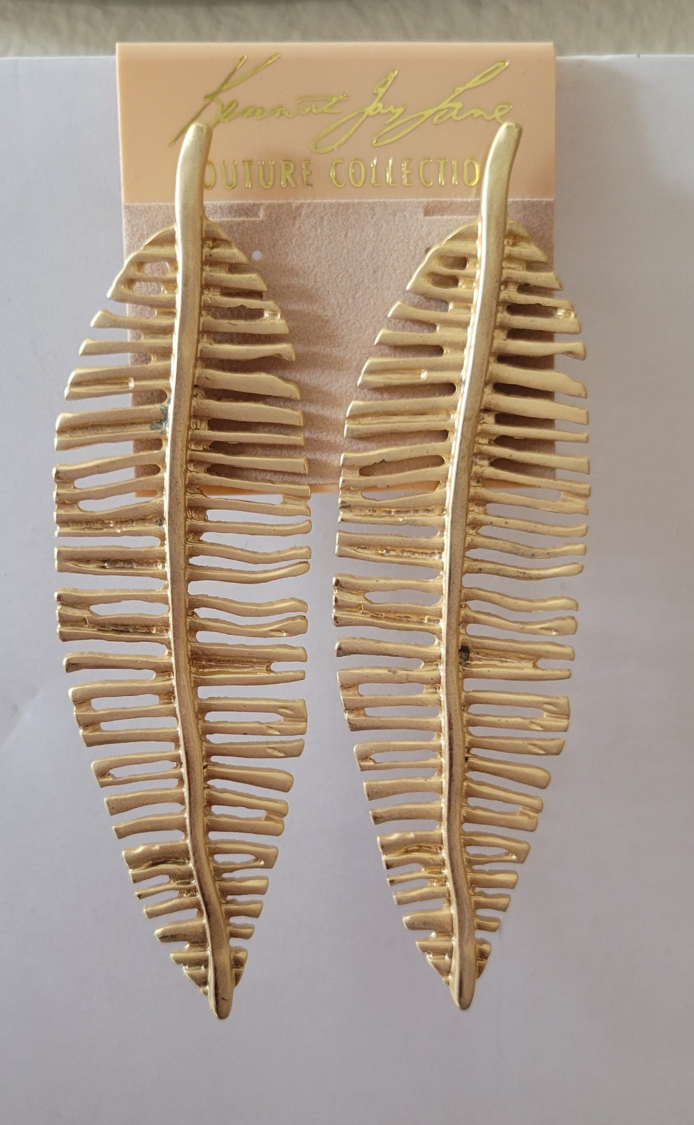 NEW RARE Kenneth Jay Lane Satin Gold Feather Large Earrings NWT