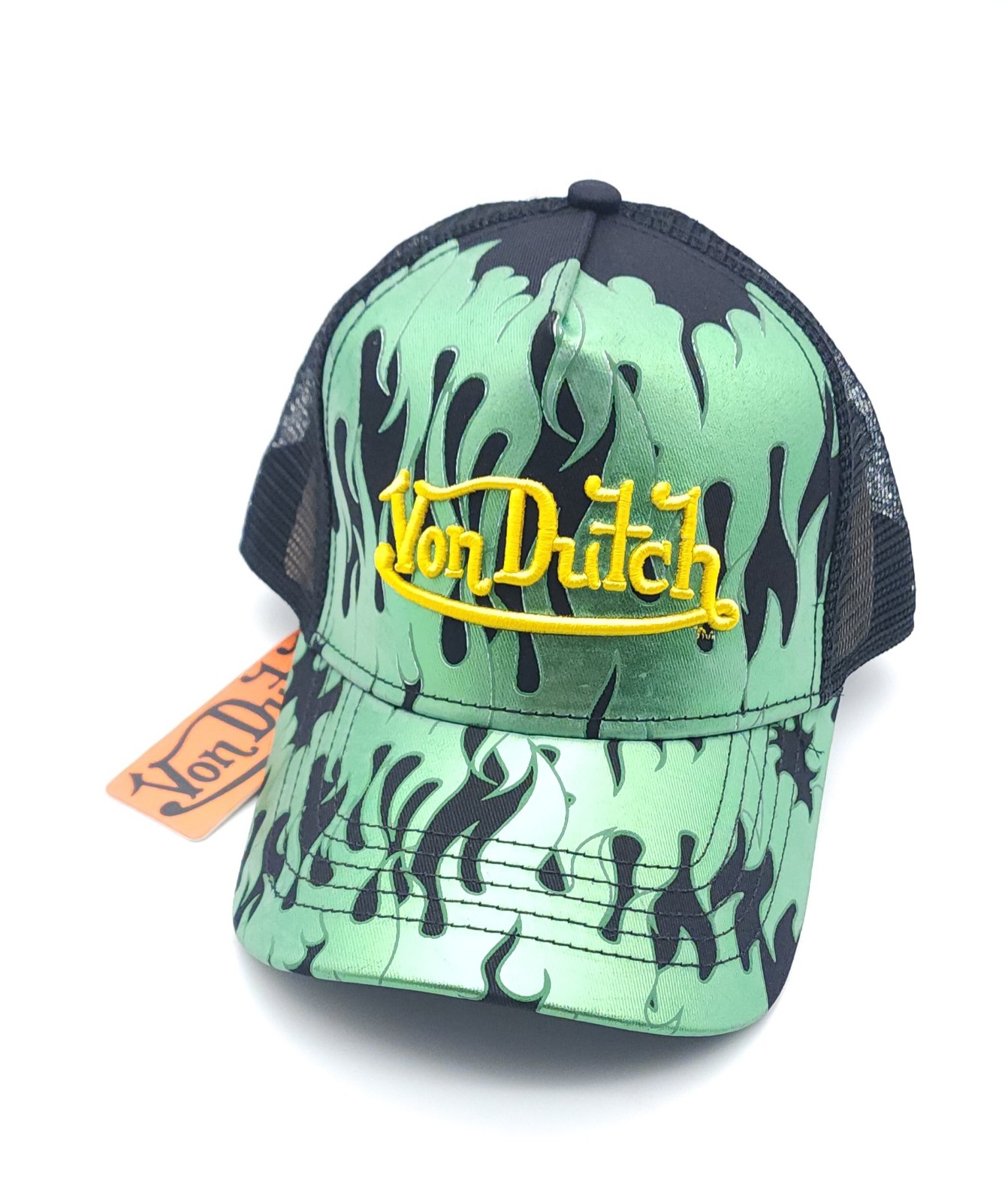 Von Dutch CITY OF ANGELS GREEN Flames Embroidered TRUCKER Hat Brand New