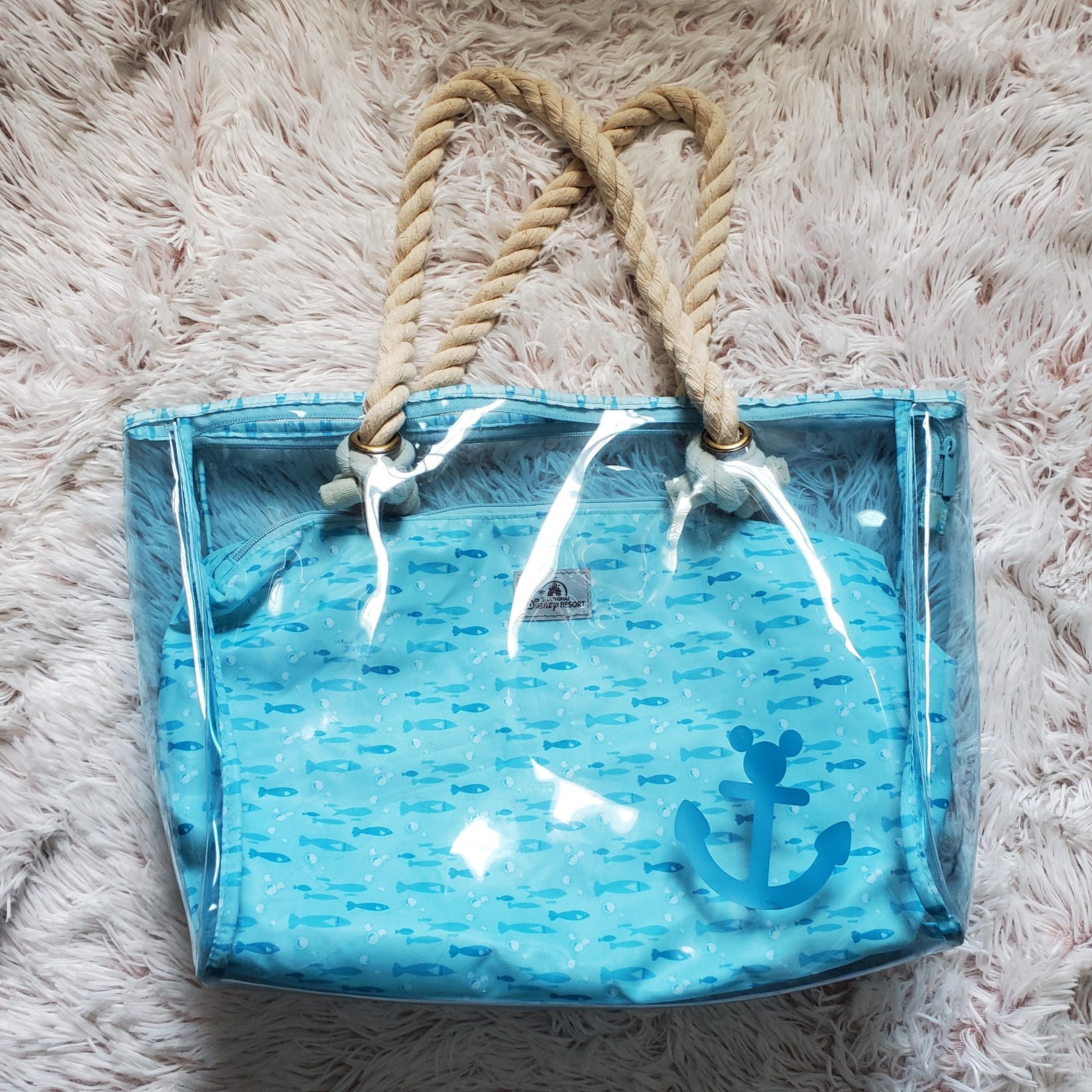 RARE Shanghai Disney 2-piece beach tote bag purse translucent blue Mickey anchor