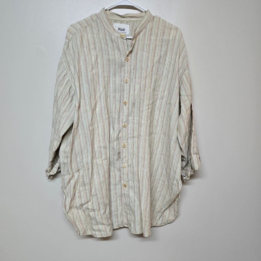 Flax Medium Light Striped Lagenlook Oversize Button Down Top Linen Light Weight