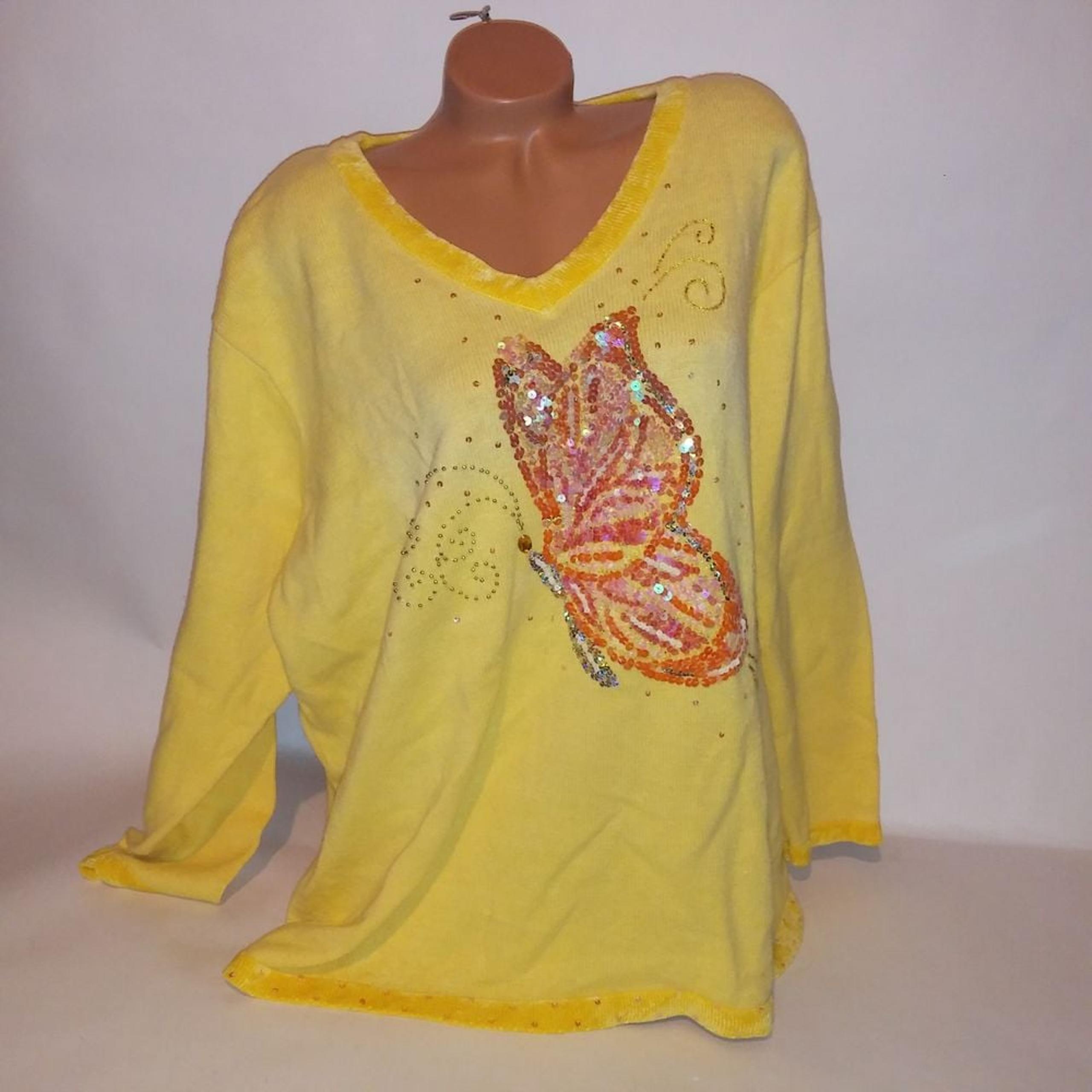 Quacker Factory Sweater Womens Plus Size 3X Yellow Butterfly Sequined Bling