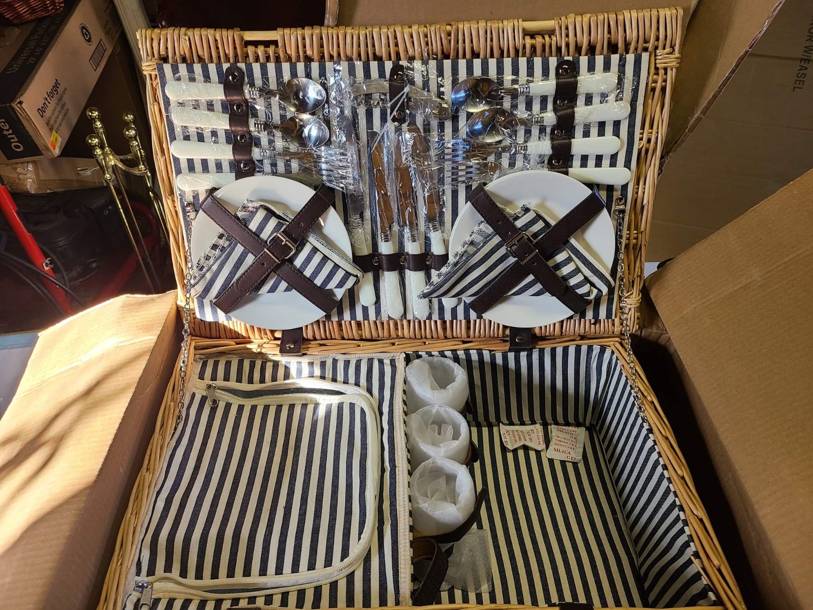 Luxury picnic box with 4 place settings and insulated cooler.