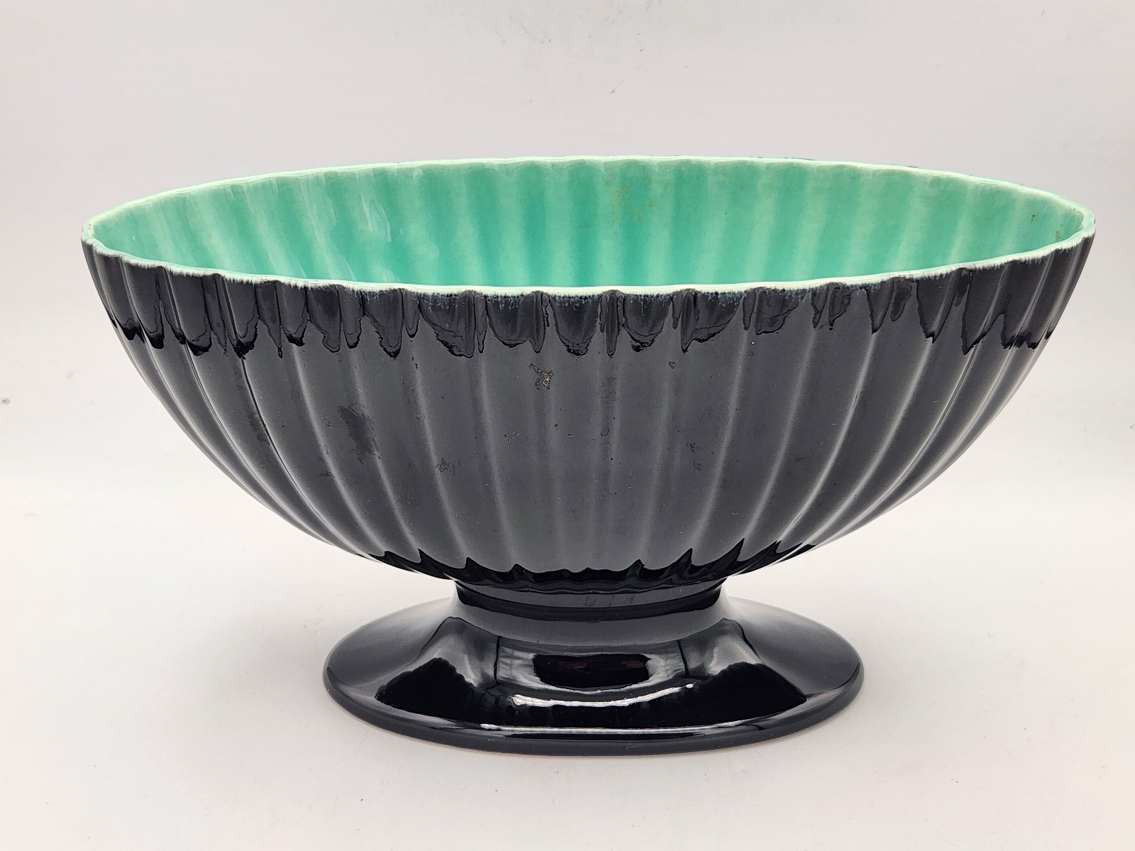 VTG Royal Haeger USA Pottery Footed Pedestal Ribbed Planter R1478 Blue Inside